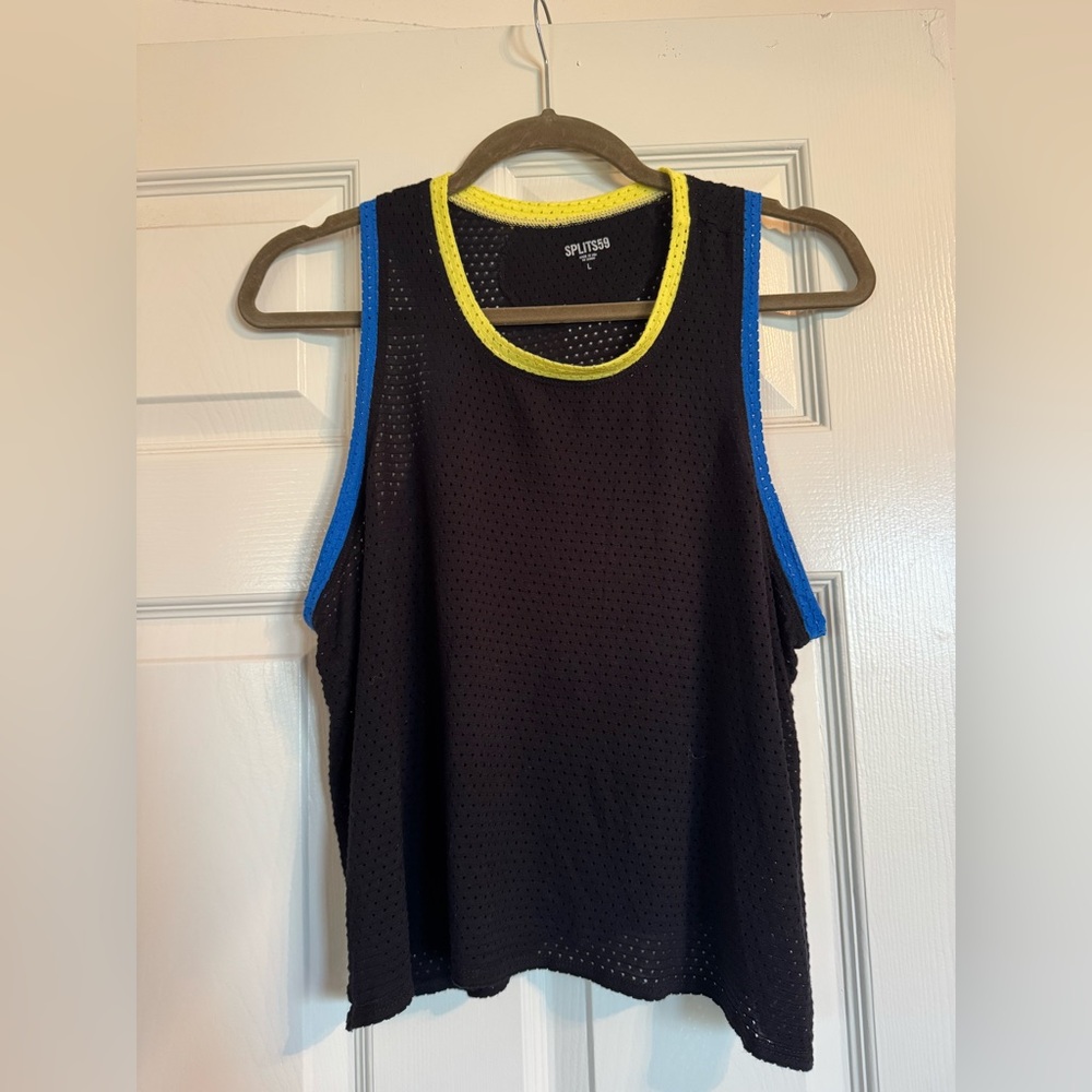 Splits59 Black Mesh Muscle Tee with Blue and Yellow Trim